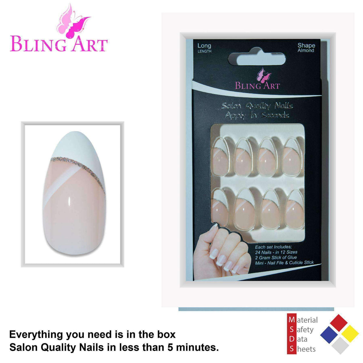 Bling Art Almond Stiletto 24 Acrylic Press-On Nail Set