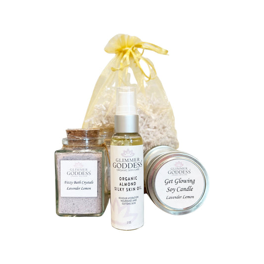 Glimmer Goddess Organic Gift Set - Bath Salts, Soy Candle & Almond Skin Oil