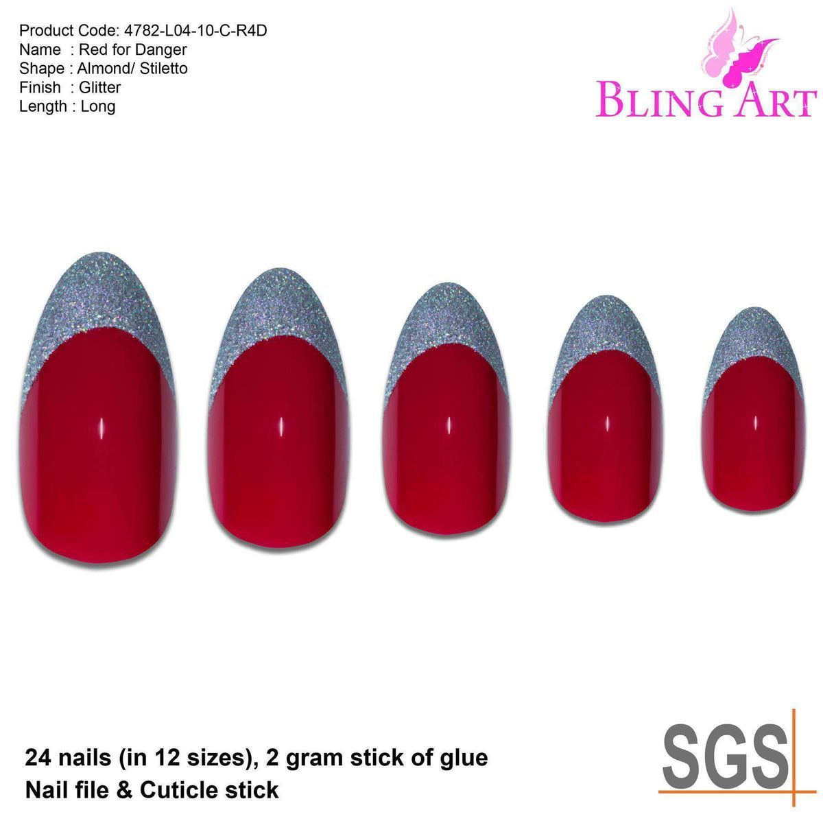 Bling Art Almond Stiletto 24 Acrylic Press-On Nail Set