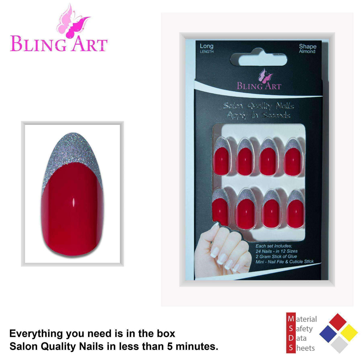 Bling Art Almond Stiletto 24 Acrylic Press-On Nail Set