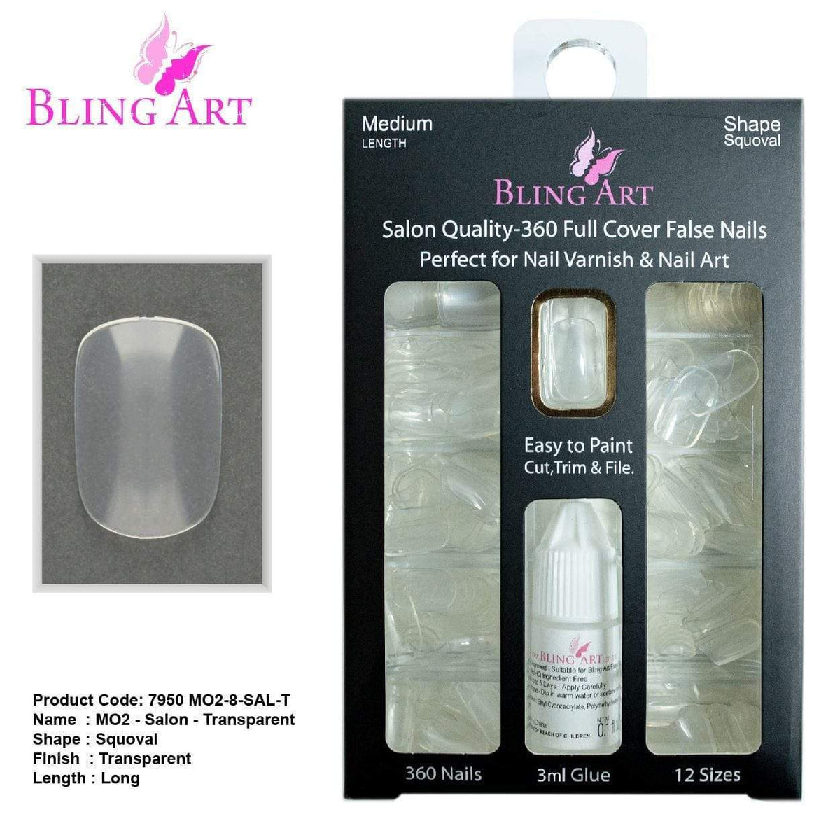 Bling Art 360 Squoval Long Transparent Acrylic Nails