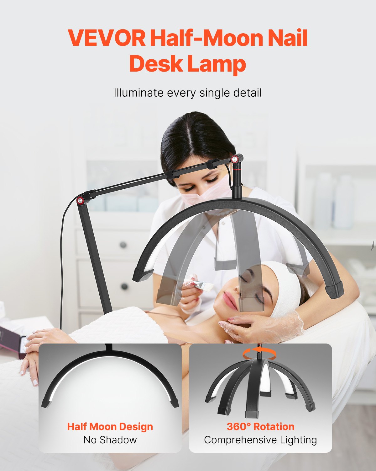 Nail Desk Light with Clip on Half Moon Lash Light & Phone Holder