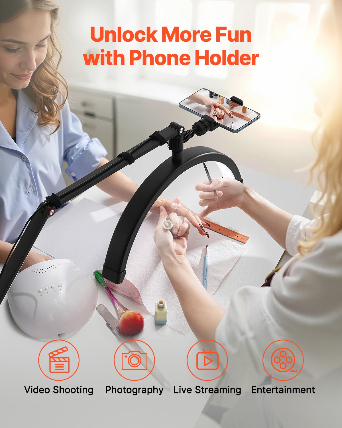 Nail Desk Light with Clip on Half Moon Lash Light & Phone Holder