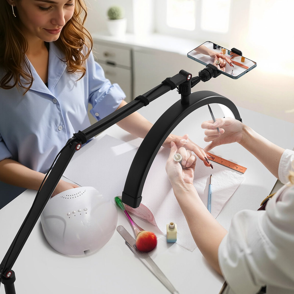 Nail Desk Light with Clip on Half Moon Lash Light & Phone Holder